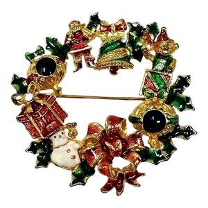 Christopher Radko Christmas Brooch Wreath Santa Snowman Holly Enamel Pin VTG